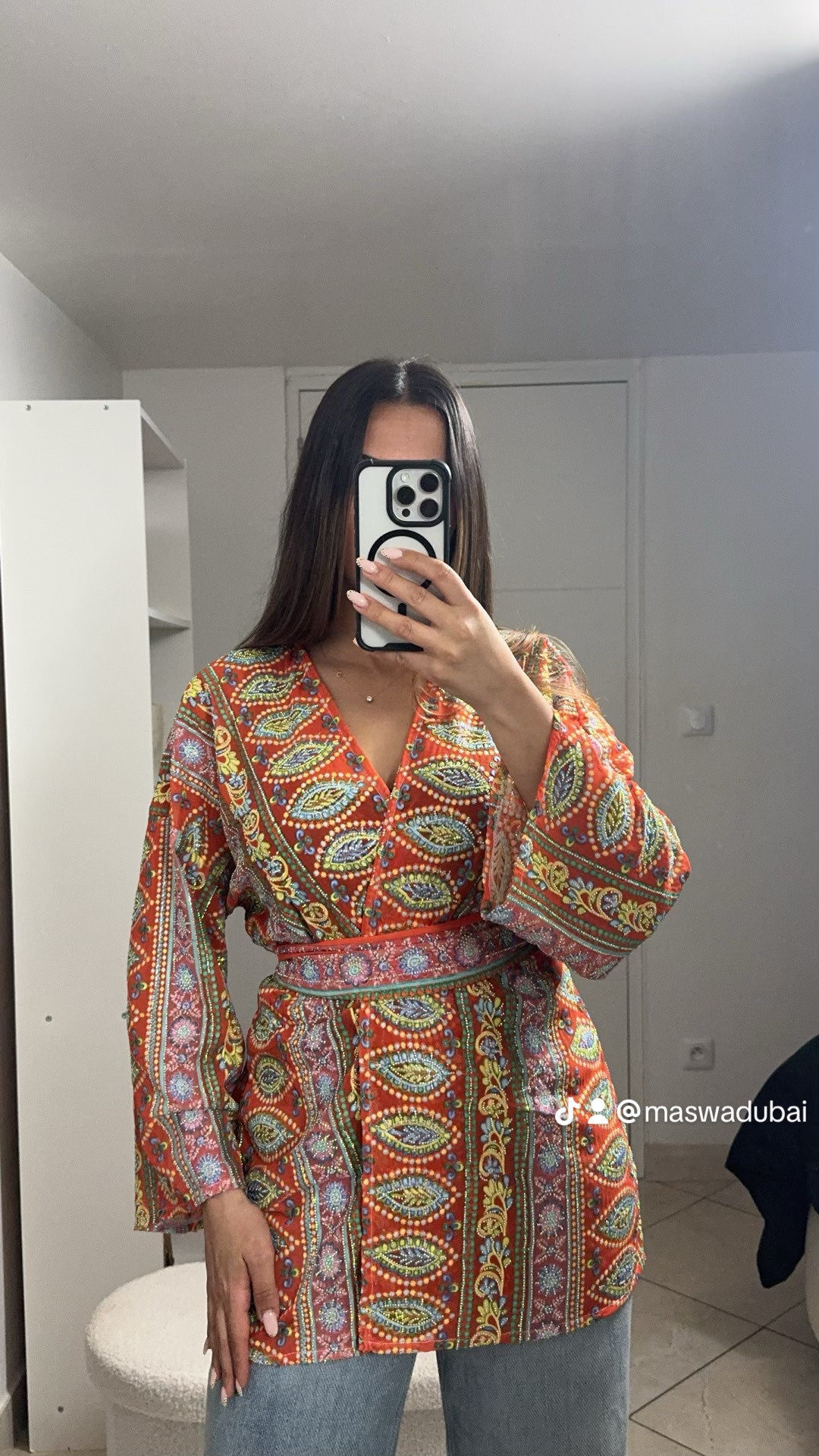 Kimono court reflet corail